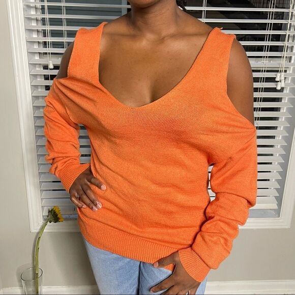 Vintage Orange Cutout Cold Shoulder Double V neck Sweater - Picture 2 of 12